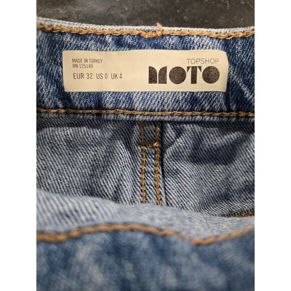 Topshop MOTO Asymmetrical Raw Hem Denim Mini Skirt Blue High Waist Size 0 - Picture 8 of 10